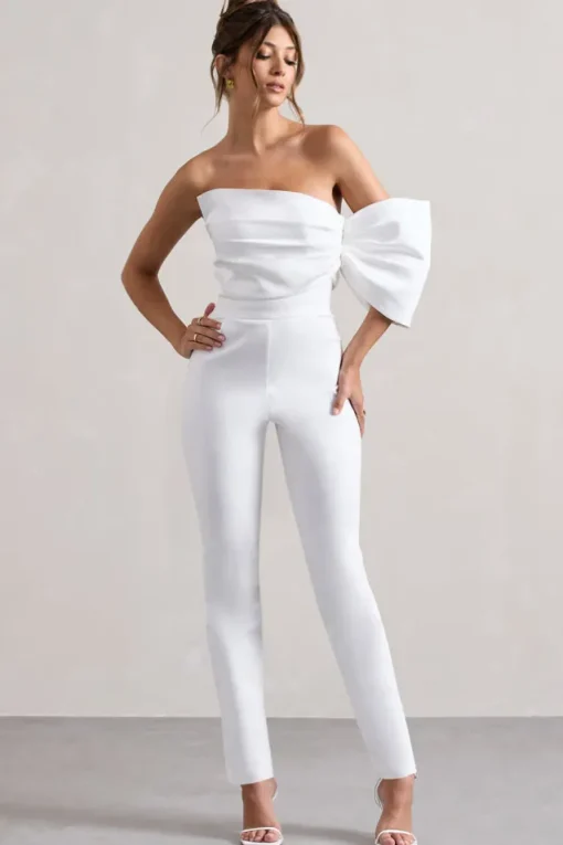 Adabella | White Satin Strapless One-Sleeve Straight-Leg Jumpsuit