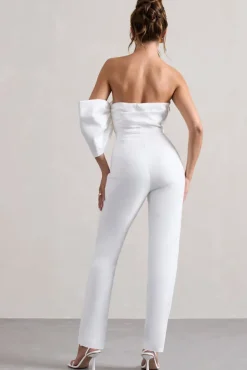 Adabella | White Satin Strapless One-Sleeve Straight-Leg Jumpsuit
