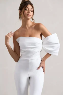 Adabella | White Satin Strapless One-Sleeve Straight-Leg Jumpsuit