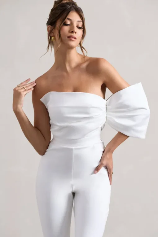 Adabella | White Satin Strapless One-Sleeve Straight-Leg Jumpsuit