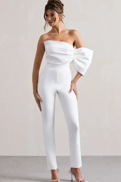 Adabella | White Satin Strapless One-Sleeve Straight-Leg Jumpsuit