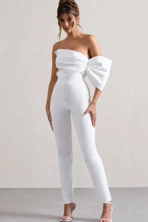 Adabella | White Satin Strapless One-Sleeve Straight-Leg Jumpsuit