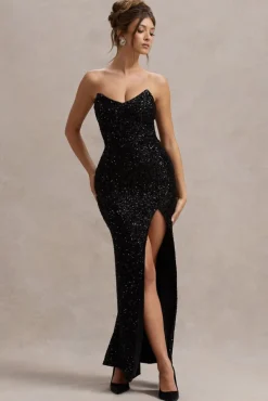 Adalee | Black Sequin Strapless Maxi Dress