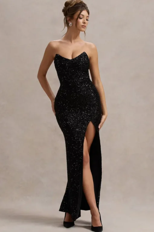 Adalee | Black Sequin Strapless Maxi Dress