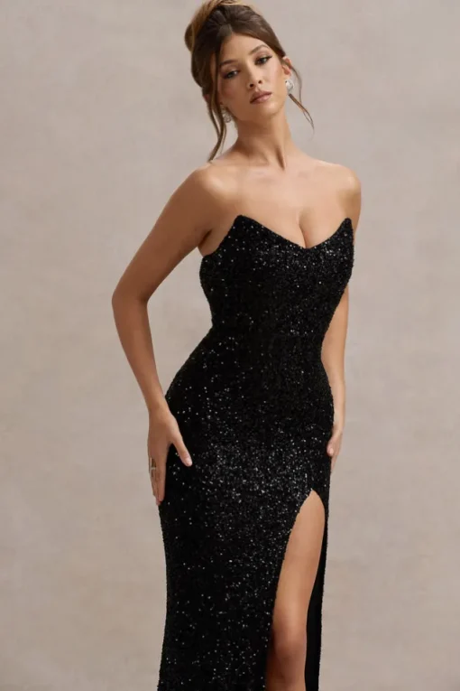 Adalee | Black Sequin Strapless Maxi Dress