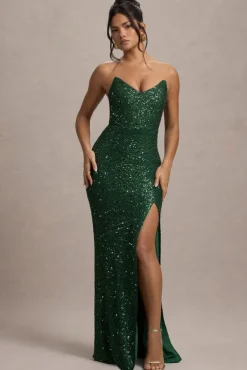 Adalee | Bottle Green Sequin Strapless Maxi Dress