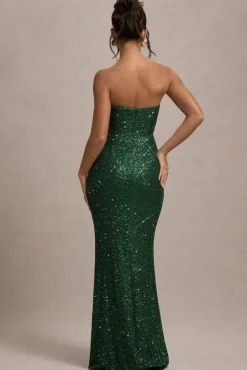 Adalee | Bottle Green Sequin Strapless Maxi Dress