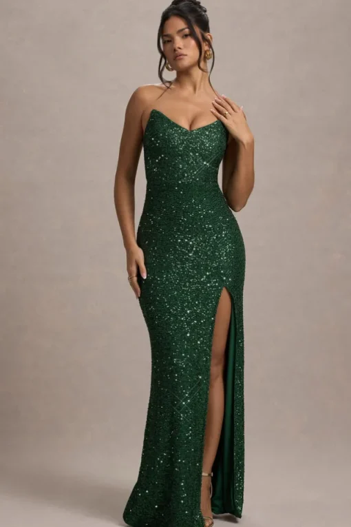 Adalee | Bottle Green Sequin Strapless Maxi Dress