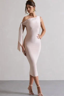 Adapt | Champagne Asymmetric Midi Dress With Tie Sleeve