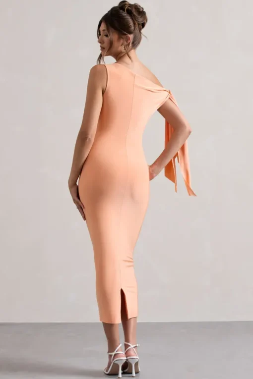 Adapt | Coral Asymmetric Midi Dress With Tie Sleeve