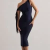 Adapt | Navy Asymmetric Midi Dress With Tie Sleeve