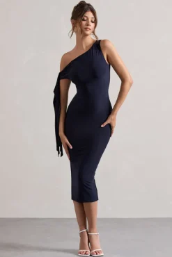 Adapt | Navy Asymmetric Midi Dress With Tie Sleeve