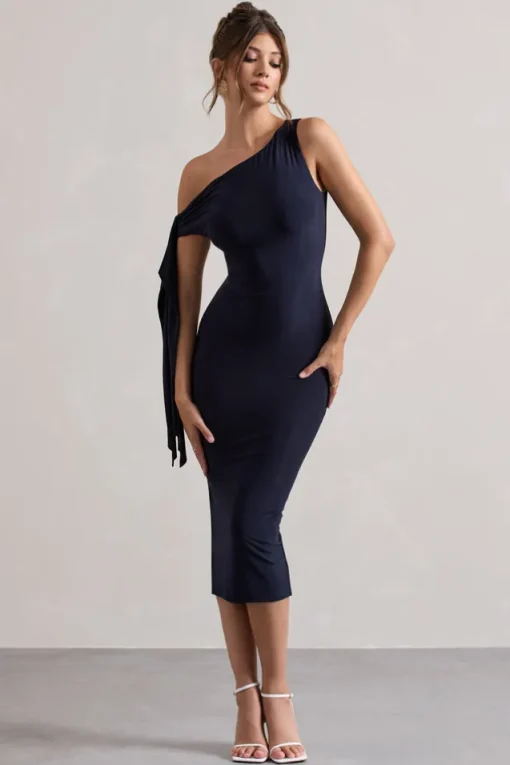 Adapt | Navy Asymmetric Midi Dress With Tie Sleeve
