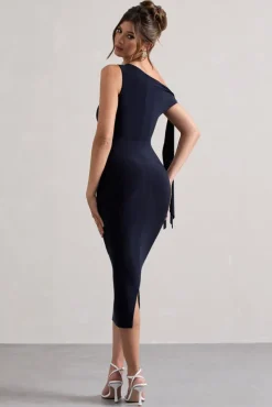 Adapt | Navy Asymmetric Midi Dress With Tie Sleeve