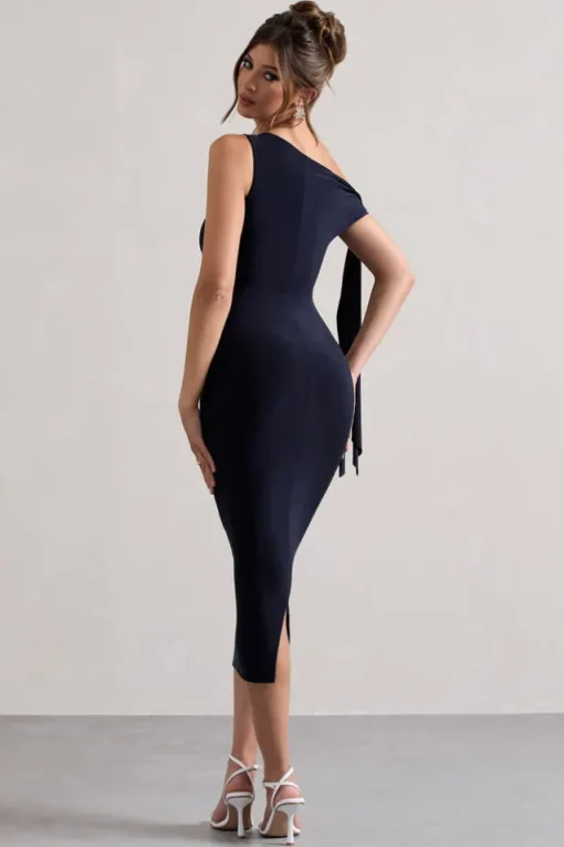Adapt | Navy Asymmetric Midi Dress With Tie Sleeve