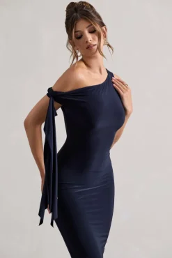 Adapt | Navy Asymmetric Midi Dress With Tie Sleeve