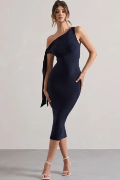 Adapt | Navy Asymmetric Midi Dress With Tie Sleeve