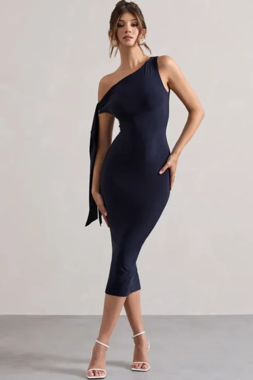 Adapt | Navy Asymmetric Midi Dress With Tie Sleeve