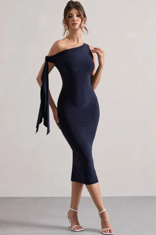 Adapt | Navy Asymmetric Midi Dress With Tie Sleeve