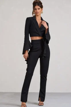 Addilyn | Black Cotton-Blend Tailored Straight-Leg Split Trousers