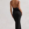 Addison | Black Cowl-Neck Open-Back Midi Dress With Lace