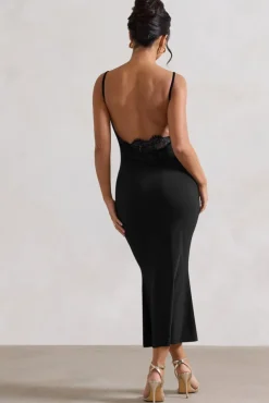 Addison | Black Cowl-Neck Open-Back Midi Dress With Lace