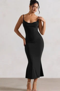Addison | Black Cowl-Neck Open-Back Midi Dress With Lace