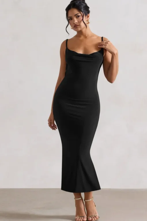 Addison | Black Cowl-Neck Open-Back Midi Dress With Lace