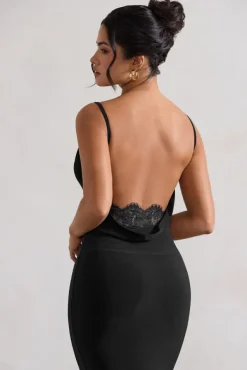 Addison | Black Cowl-Neck Open-Back Midi Dress With Lace