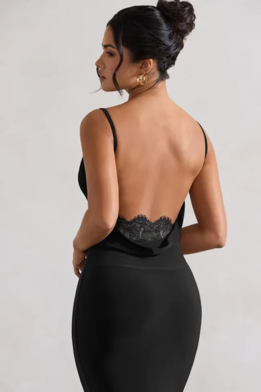 Addison | Black Cowl-Neck Open-Back Midi Dress With Lace