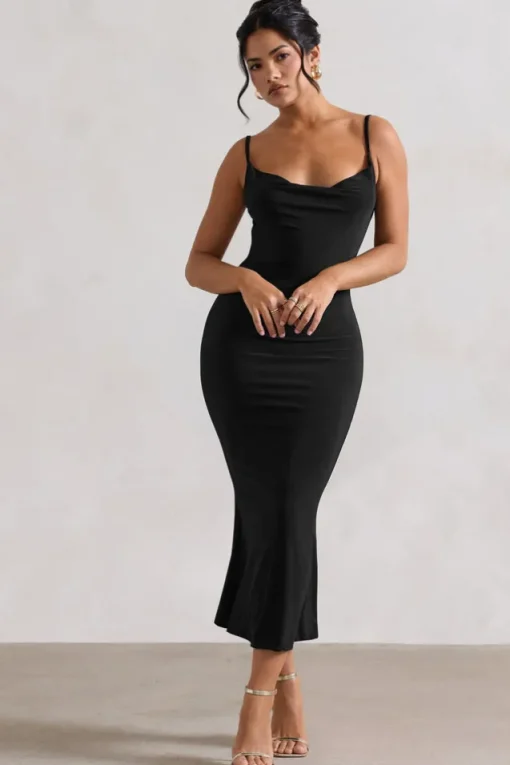 Addison | Black Cowl-Neck Open-Back Midi Dress With Lace