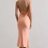 Addison | Coral Cowl-Neck Open-Back Midi Dress With Lace