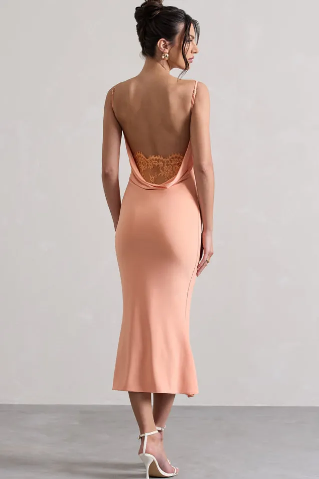 Addison | Coral Cowl-Neck Open-Back Midi Dress With Lace