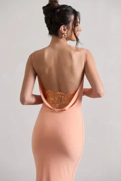 Addison | Coral Cowl-Neck Open-Back Midi Dress With Lace