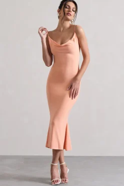 Addison | Coral Cowl-Neck Open-Back Midi Dress With Lace