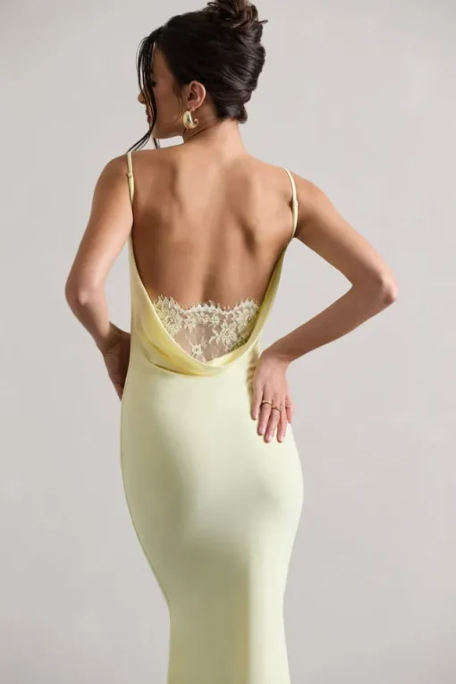 Addison | Lemon Cowl-Neck Open-Back Midi Dress With Lace