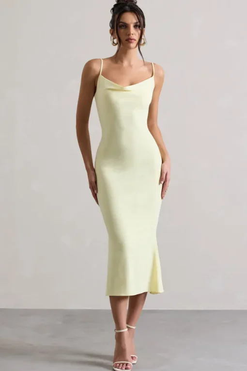 Addison | Lemon Cowl-Neck Open-Back Midi Dress With Lace