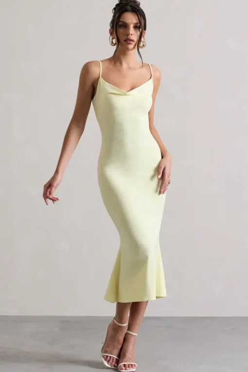 Addison | Lemon Cowl-Neck Open-Back Midi Dress With Lace