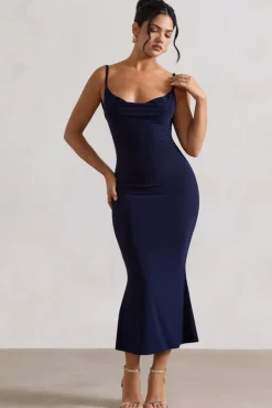 Addison | Navy Cowl-Neck Open-Back Midi Dress With Lace