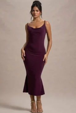 Addison | Port Cowl-Neck Open-Back Midi Dress With Lace