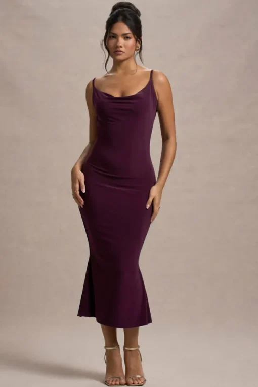 Addison | Port Cowl-Neck Open-Back Midi Dress With Lace