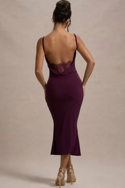 Addison | Port Cowl-Neck Open-Back Midi Dress With Lace