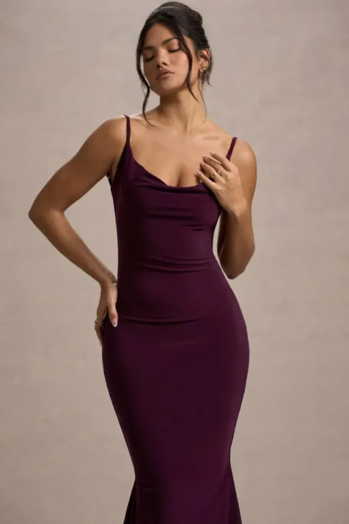 Addison | Port Cowl-Neck Open-Back Midi Dress With Lace