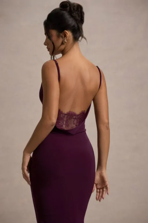 Addison | Port Cowl-Neck Open-Back Midi Dress With Lace