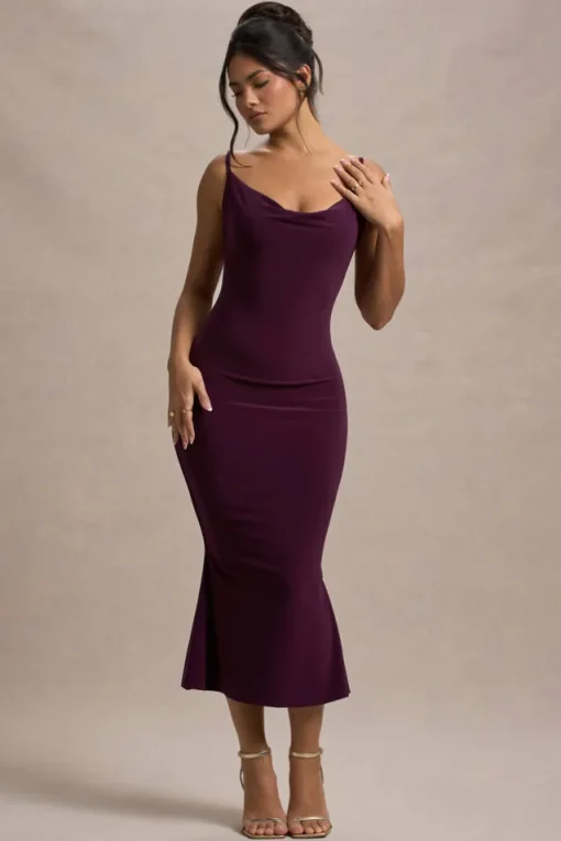 Addison | Port Cowl-Neck Open-Back Midi Dress With Lace