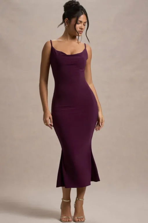 Addison | Port Cowl-Neck Open-Back Midi Dress With Lace