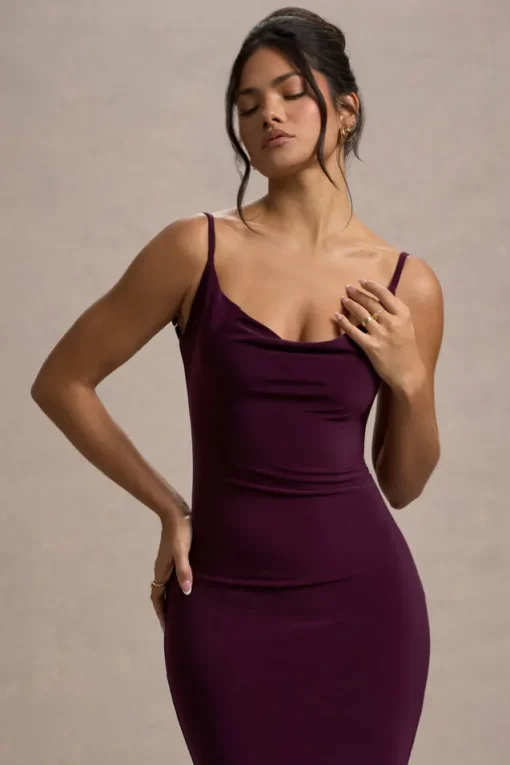 Addison | Port Cowl-Neck Open-Back Midi Dress With Lace