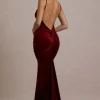 Adele | Berry Velvet Ruched Strappy Fishtail Maxi Dress
