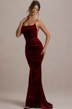 Adele | Berry Velvet Ruched Strappy Fishtail Maxi Dress