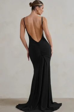 Adele | Black Ruched Fishtail Cami Maxi Dress